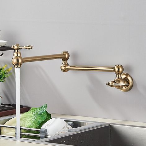 Robinet de cuisine pliable en or brossé, robinet d'évier monotrou froid, buse pivotante et pliante, montage mural(Brushed Golden) (1/5)