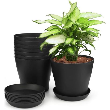 5 Pièces 14 CM Pots Plastique Plantes, Cache Pot Interieur Exterieur, Pot de Fleur avec Plateaux, Convient aux Semis, Cactus, Plantes Succulentes, Orchidées, Herbes -Noir (1/5)