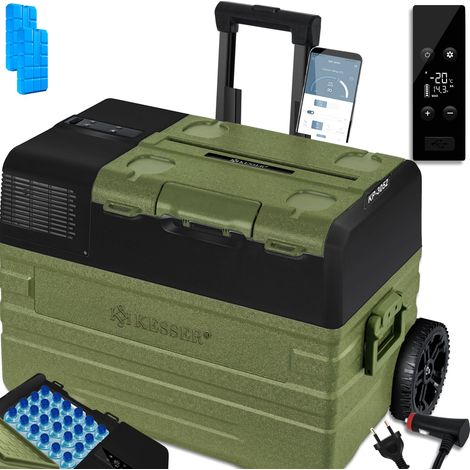 KESSER® Kompressor Kühlbox elektrisch Gefrierbox   Mit APP-Steuerung USB-Anschluss 12/24 V 230V   +Teleskopstange Räder Kühlschrank Kühlung bis -20 °C   52 Liter / Khaki