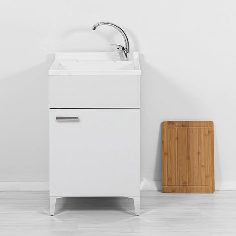 Mobile lavatoio bianco 50x50 cm vasca in resina e asse lavapanni Desya (1/10)