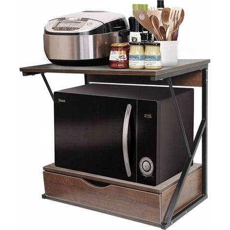 Countertop Microwave Rack Storage Shelving Unit, Small Oven Shelf Microwave Stand with Drawer, Printer Stand for Desktop Storage Organizer (Walnut, 2 tiers with drawer)
