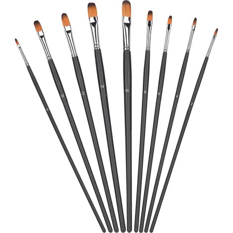 Lot de 9 pinceaux à manche long en nylon noir pour peinture à la gouache, à l'aquarelle, à l'huile et à l'acrylique. (1/5)