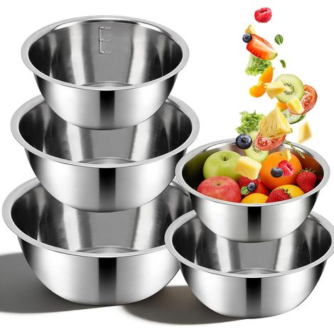 5 Pièces Saladier Inox, Cuisine Avec Marqueurs de Mesure Cul de Poule Inox Bol pour Mélanger la Salade de Fruits, le Riz et les Pâtes (0,6 L/0,9 L/1,6 L/2 L/2,6 L) (1/5)