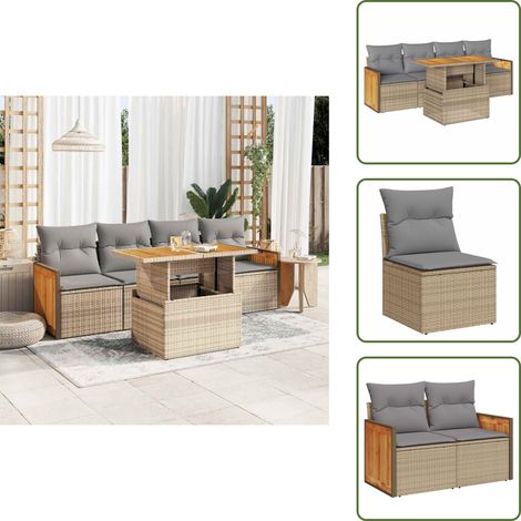 5-tlg. Garten-Sofagarnitur mit Kissen Beige Poly Rattan Akazie - Gartensofa Set - Garten Sofa Set - Outdoor Sofa Set - Garten Sofagarnitur (1/5)