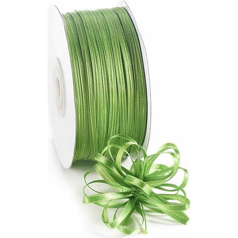 Ruban double satin vert jardin avec fil tirant pour nœud facile, 3 mm x 100 m