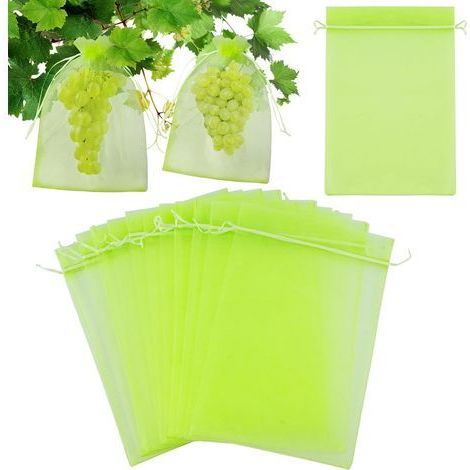 100 filets de protection pour fruits et plantes, verts, 15 x 20 cm, avec cordon de serrage, pour fruits, fleurs et légumes.