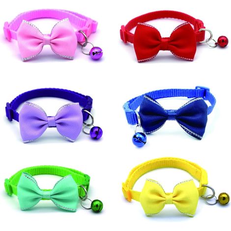 Set mit 6 Katzenhalsbändern mit Glöckchen, personalisiertem Halsband mit süßer Schleife, verstellbarem Welpenhalsband, 6 Farben (1/5)