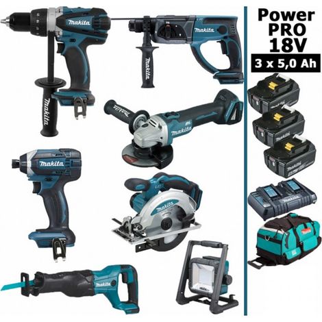 Makita – Pack de 7 outils électroportatifs 18V – Perceuse visseuse 91Nm – Perfo-burineur 2J – Visseuse à chocs 165Nm – 3 batteries 5Ah – Sac de transport (1/5)