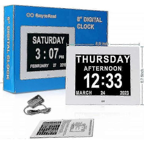 Une grande horloge numérique avec calendrier, affichant la date et le jour de la semaine, adaptée aux personnes atteintes de la maladie d'Alzheimer. (1/5)