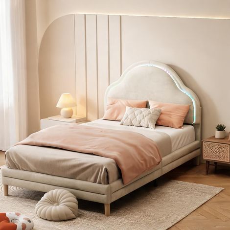 Cadre de lit beige en velours 207 x 95,5 x 108 cm (1/5)