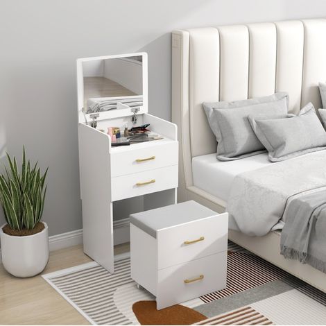 Tocador in legno bianco 3 in 1 con specchio, sgabello con rotelle e 2 cassetti (1/5)