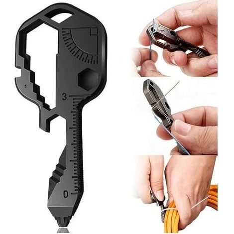 Outil clé multifonction Outil clé extérieur Ouvre-bouteille en acier inoxydable 24 en 1 Mini clé portable Utilisé pour les outils de ligne de coupe, ouvre-boîte, etc(noir) (1/4)