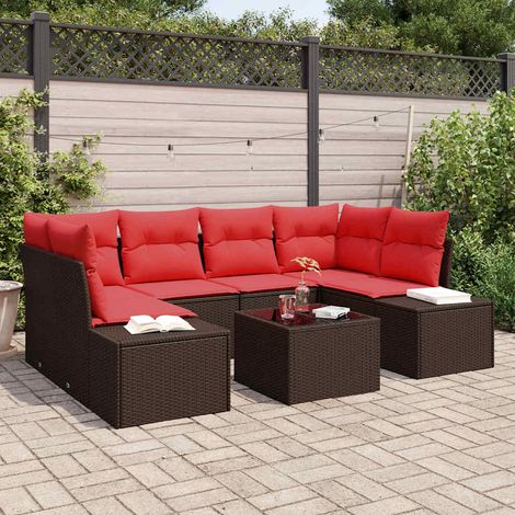 vidaXL Ensemble de canapé de jardin 8 pc Beige et Rouge polyrotin (1/5)