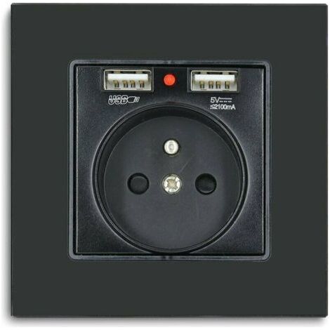 Wall Socket with 2xUSB, 16A - Black Crystal Glass Panel, 250V Socket with USB (max. 2.1A), Suitable for Smartphones, Tablets, MP3 (1 pcs) (1/5)