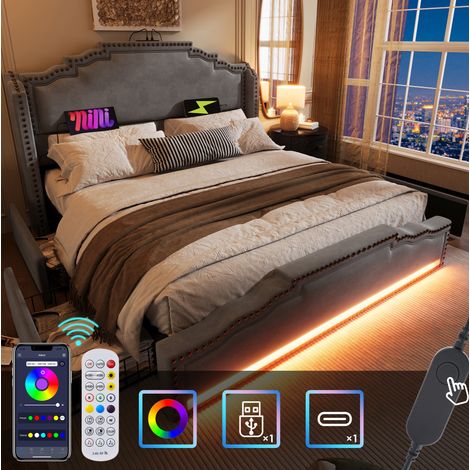 Polsterbett 180/200 cm grau aus Samt mit 4 Schubladen, LED und USB-C (1/5)