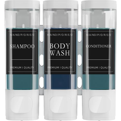 Distributeur de Savon Mural, Distributeur Gel Douche, Distributeur Triple de Shampoing et Après-shampoing sans Perçage ABS pour Salle de Bain Cuisine Marché Hôtel Restaurant 300ML3(Blanc) (1/5)