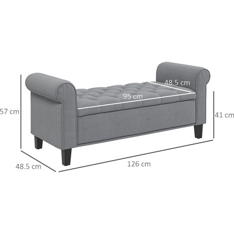 Banc de rangement en velours gris, banquette d'entrée avec coffre pour chambre, assise rembourrée, charge max 120 kg, dimensions 126 x 48,5 x 47 cm, lot de 1. (1/5)