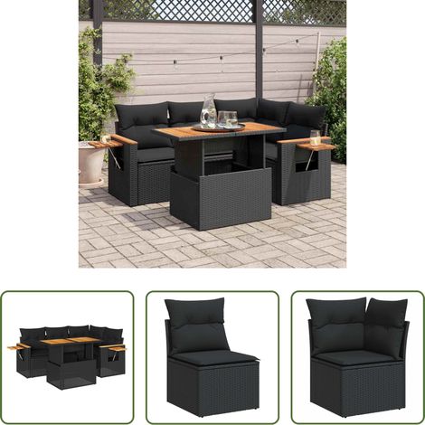 Gartentisch - 5tlg. Garten-Sofagarnitur mit Kissen Schwarz Poly Rattan Akazie (1/5)