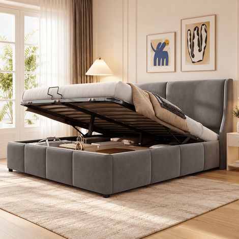 Lit coffre 140x190 cm,Lit Double Rembourré Hydraulique avec Tête de Lit Capitonné,Lit Coffre 140x190 avec Sommier à Lattes,pour Adulte Adolescent,Capacité 300 kg,Gris velours (1/5)