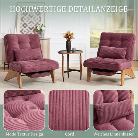 Fauteuil relax moderne en velours côtelé bordeaux, sans dossier ajustable, avec pouf, coussin de soutien lombaire et piètement en bois pour séjour, chambre ou espace de travail. (1/5)