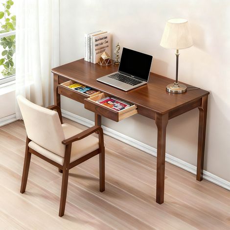 Scrivania in legno con 2 cassetti, angoli arrotondati, stile Mid-Century Modern, noce (1/5)