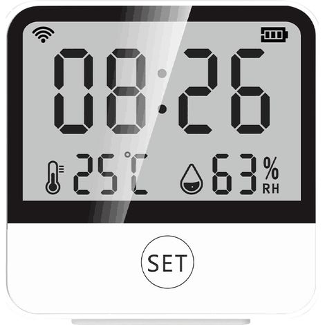 Capteur de température humidité WiFi Tuya avec heure date jour écran grand affichage domotique maison bureau chambre cuisine salon hôtel liaison intelligente compatibles Alexa