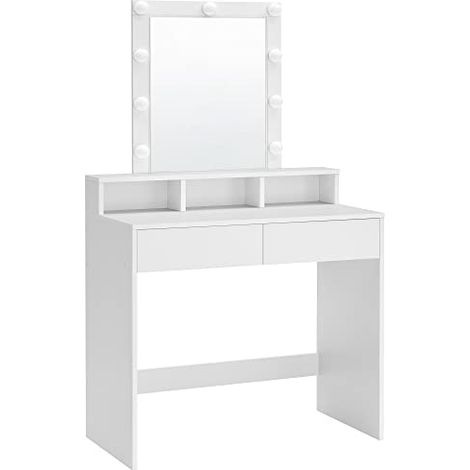 RDT114W01 Coiffeuse avec Miroir et Ampoules, Coiffeuse avec 2 Tiroirs et 3 Compartiments Ouverts, Coiffeuse de Maquillage, Moderne, Blanc (1/5)