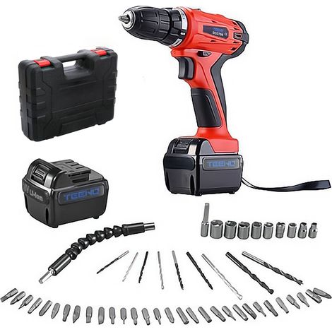 Taladro Atornillador Inalámbrico 18v + 2 Baterías de Litio + 52 Accesorios - Rojo (1/5)