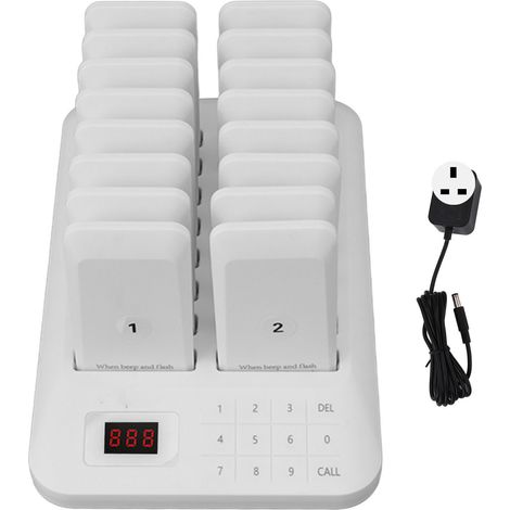 Système d'appel sans fil 16 récepteurs avec clavier pour restaurants, 100‑240V, prise UK, blanc (1/5)