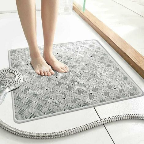 Tapis de douche carré antidérapant avec ventouses et trous de drainage - Tapis de douche en caoutchouc résistant à la moisissure - Grand tapis de douche pour salle de bain 53x53 cm (Gris) (1/5)