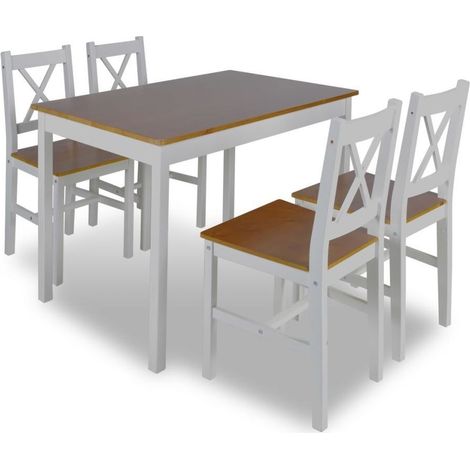 Table de séjour et 4 chaises pin massif laqué blanc et marron Dina (1/5)