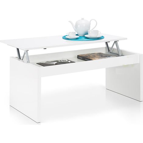 Pegane – Table basse relevable blanche brillante – Mécanisme coulissant – Design moderne pour salon – Dimensions 110x60x45cm