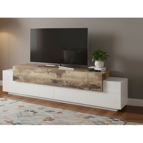 Dmora Mueble para TV para sala de estar, Made in Italy, Mueble para TV con 3 puertas y estantes, cm 200x45h52, Blanco brillante y color arce, con embalaje reforzado (1/5)