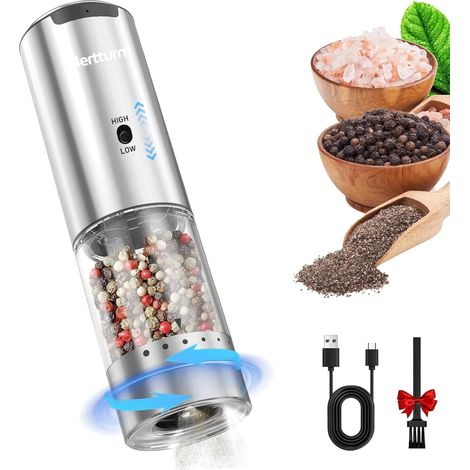 Macinapepe elettrico ricaricabile MERTTURM, macinaspezie con capacità di 95 ml, contenitore esterno regolabile in acciaio inossidabile, contenitore trasparente lavabile, luce LED, per cucina, barbecue (1/5)