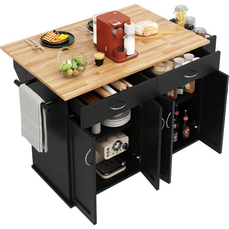Îlot de cuisine noir moderne 106×50×90,5cm en bois,multifonction avec grand espace de rangement pour cuisine et salon.