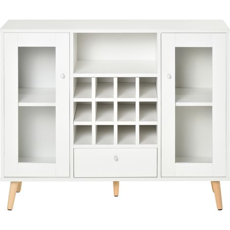 Buffet de cuisine avec porte-bouteilles, tiroir, étagère ouverte et 2 placards à portes vitrées 100 x 33 x 80 cm Blanc (1/5)