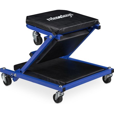 Relaxdays Rollbrett Werkstatt, 150 kg, 2in1 Rollsitz & Werkstattliege, klappbar, 360°drehbar, Auto, Stahl, schwarz/blau