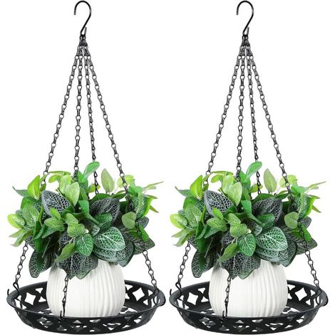 Support suspendu pour plantes en deux parties avec jardinières suspendues en métal de 30 cm, adapté à la décoration intérieure et extérieure, élégant panier suspendu décoratif noir brillant.