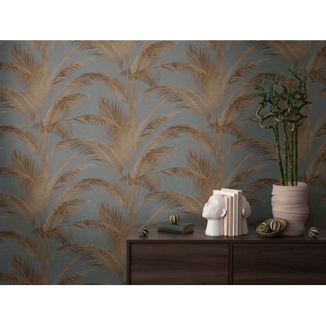 Papier peint feuille palmier orange et fond gris-bleu, salon, chambre, salon, 399803 (1/4)