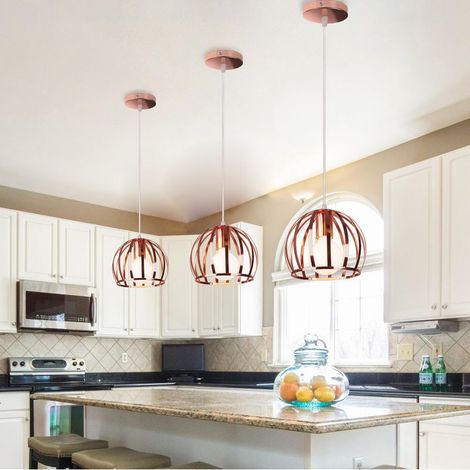 3Pcs Industriel Lustre Suspension E27 Cage en Métal Luminaire de Plafond pour Salon Restaurant Salle Chambre Or Rose (1/5)