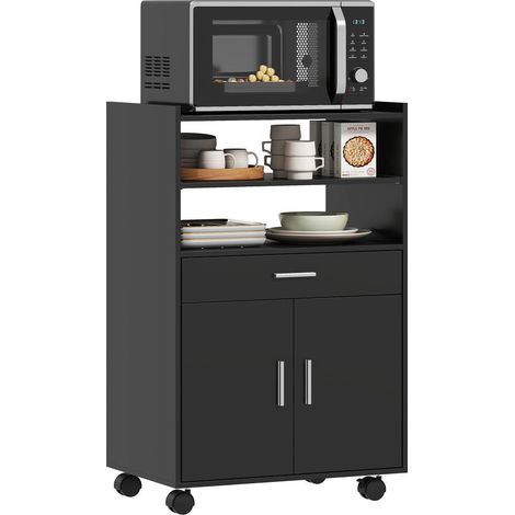 Meuble micro-ondes de cuisine en bois avec étagère coulissante tiroir placard 2 portes et roulettes noir 59x40x92 cm (1/5)
