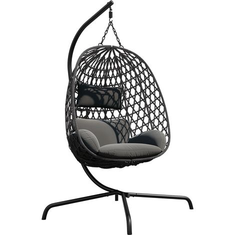 Chaise suspendu Magistra, Gris foncé + Noir, 195x105x105cm, Tissu, Métal, Osier plastique