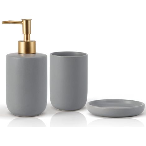 Accesorios de baño de cerámica, juego de 3 accesorios de baño de lujo, juego de accesorios de baño con dispensador de jabón, vasos, jabonera, gris (1/5)
