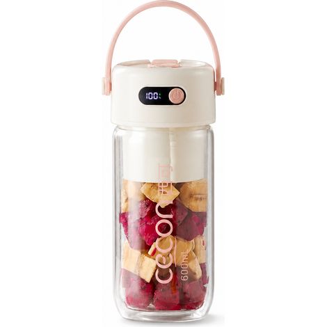 Blender Portable Rechargeable 600 ml Rose, Verre Borosilicate Double Paroi, 26 Lames en Acier Inoxydable 316, 2 Couvercles (1/5)