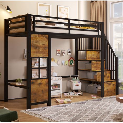Lit mezzanine 90x200 cm en métal et MDF avec escalier de rangement, espace ouvert dessous, garde-corps sécurisé, noir - CHICFURN (1/5)