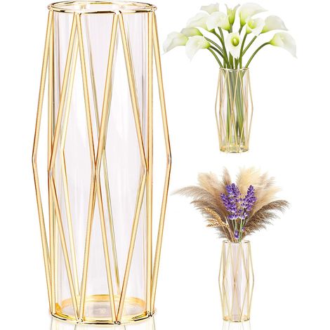 Goldene Vasendekoration für Pampasgras – skandinavische Vase mit Metallrahmen für die Mitte des Schreibtisches, Höhe 28 cm (1/5)