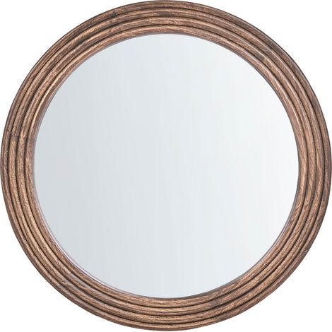 Round Wall Mirror Brown Paulownia Wood Frame Rustic Style Hanging Decor Hallway BANNE (1/5)