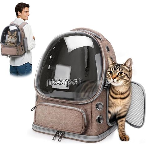 1 Katzenrucksack – Faltbarer Transportkorb – Atmungsaktives Sichtfenster – Für Katzen und kleine Hunde bis 7,5 kg – Ideal für Reisen und Camping – Khakibraun – 34 x 27 x 42 cm (1/5)