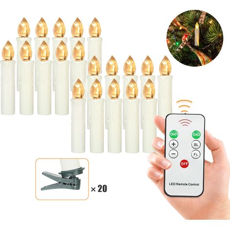 20 Stück flammenlose Kerzen mit Fernbedienung, realistische warmweiße LED-Kerzen, batteriebetrieben, flackernde Weihnachtsbaum-Lichterketten mit Clips für Hochzeits- und Partydekoration (1/5)