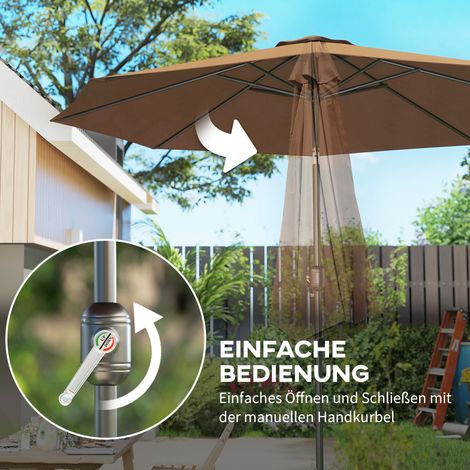 Parasol de terrasse Outsunny orientable, auvent de jardin réglable en acier 180 g/m², toile polyester marron, diamètre 2,95 x 2,5 m, avec manivelle (1/4)